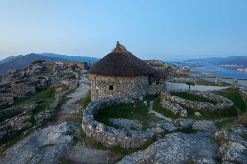 View of an old Galician house rebuilt on the mount of Santa Tegra, in the community of Galicia, Spain.