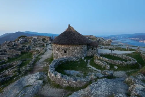 View of an old Galician house rebuilt on the mount of Santa Tegra, in the community of Galicia, Spain.